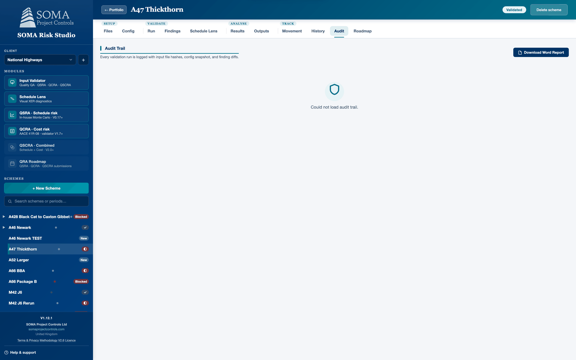 Risk Studio audit log showing HMAC-chained run history with hashes