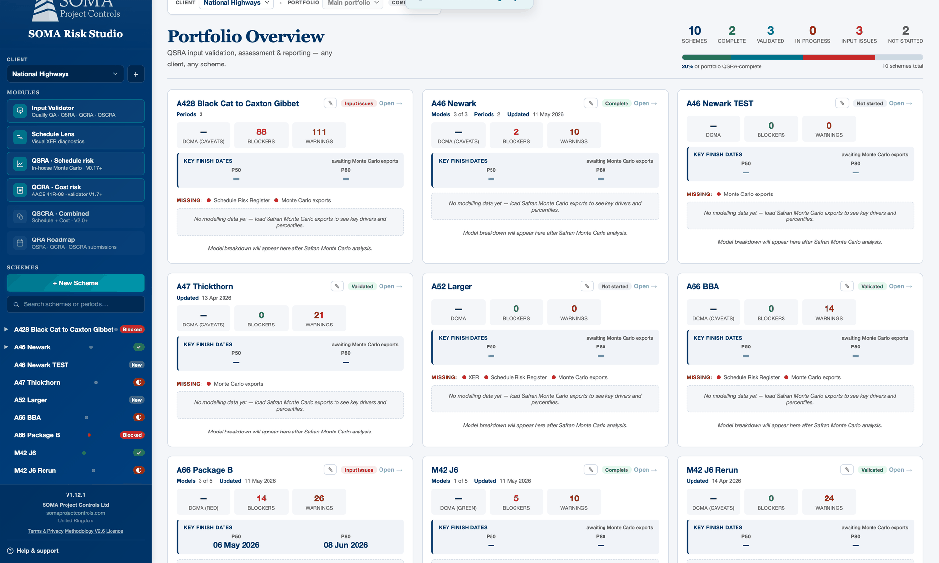 SOMA Risk Studio portfolio console showing ten schemes on a major UK infrastructure programme